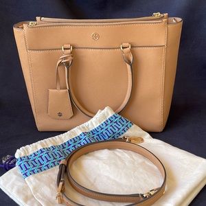 Tory Burch Robinson double zip tan tote bag crossbody
